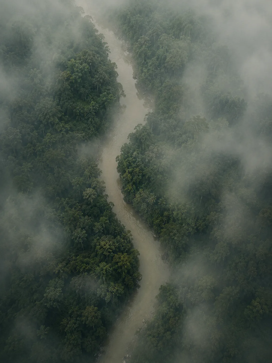 Aerial view of a misty forest split by a winding river